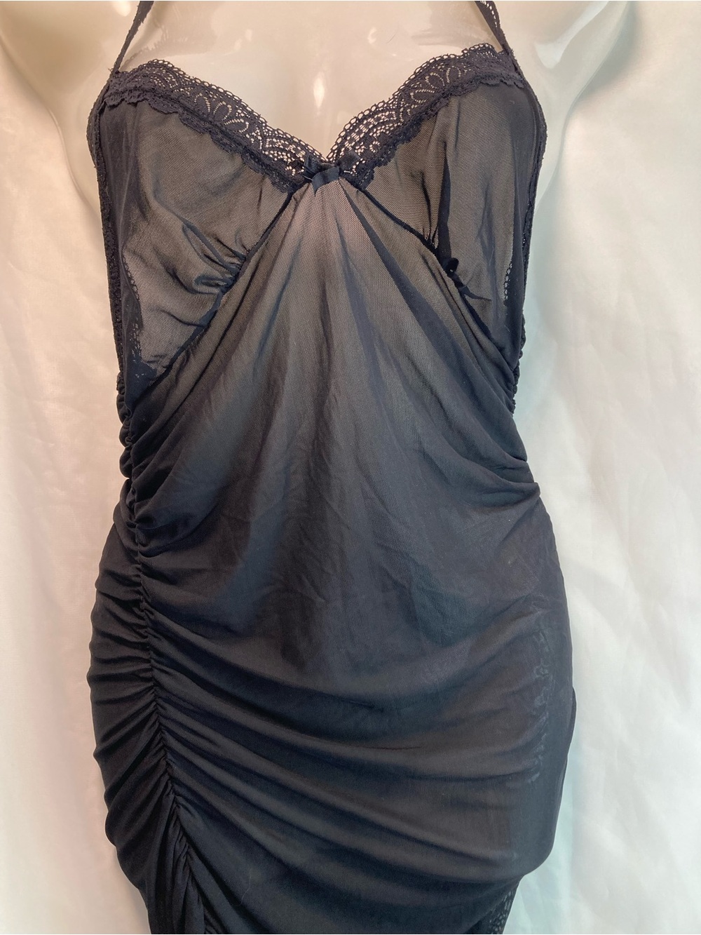 Baci Black Sheer Lace Ruched Babydoll Chemise Lingerie Y2K